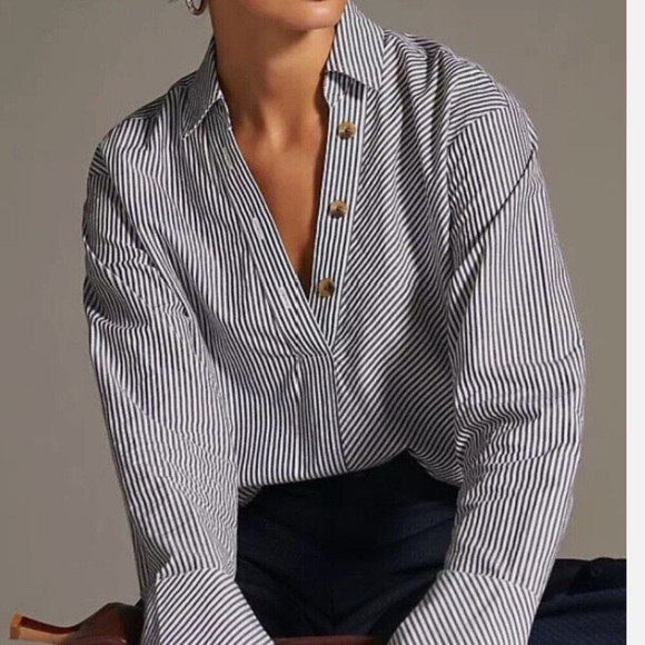 Maeve By Anthropologie Striped Henley Popover Shirt Size Small - Picture 2 of 9